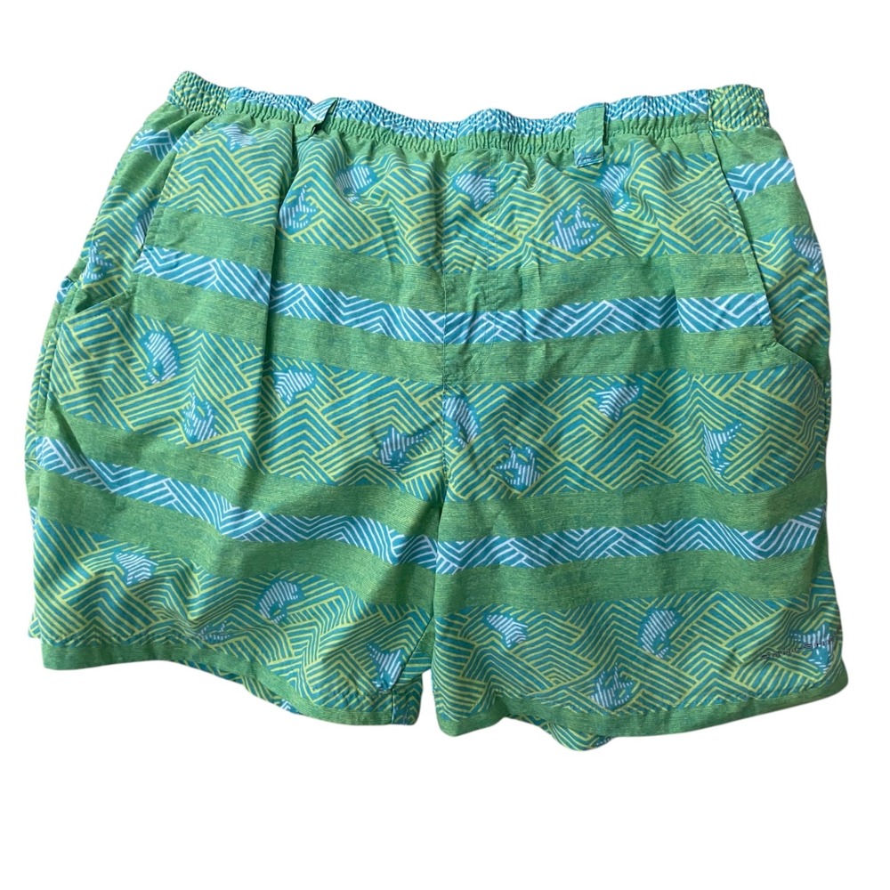 Columbia PFG Men‎ Green Blue Fish Stripe Swim Trunks Shorts Mesh Lined  L 6"